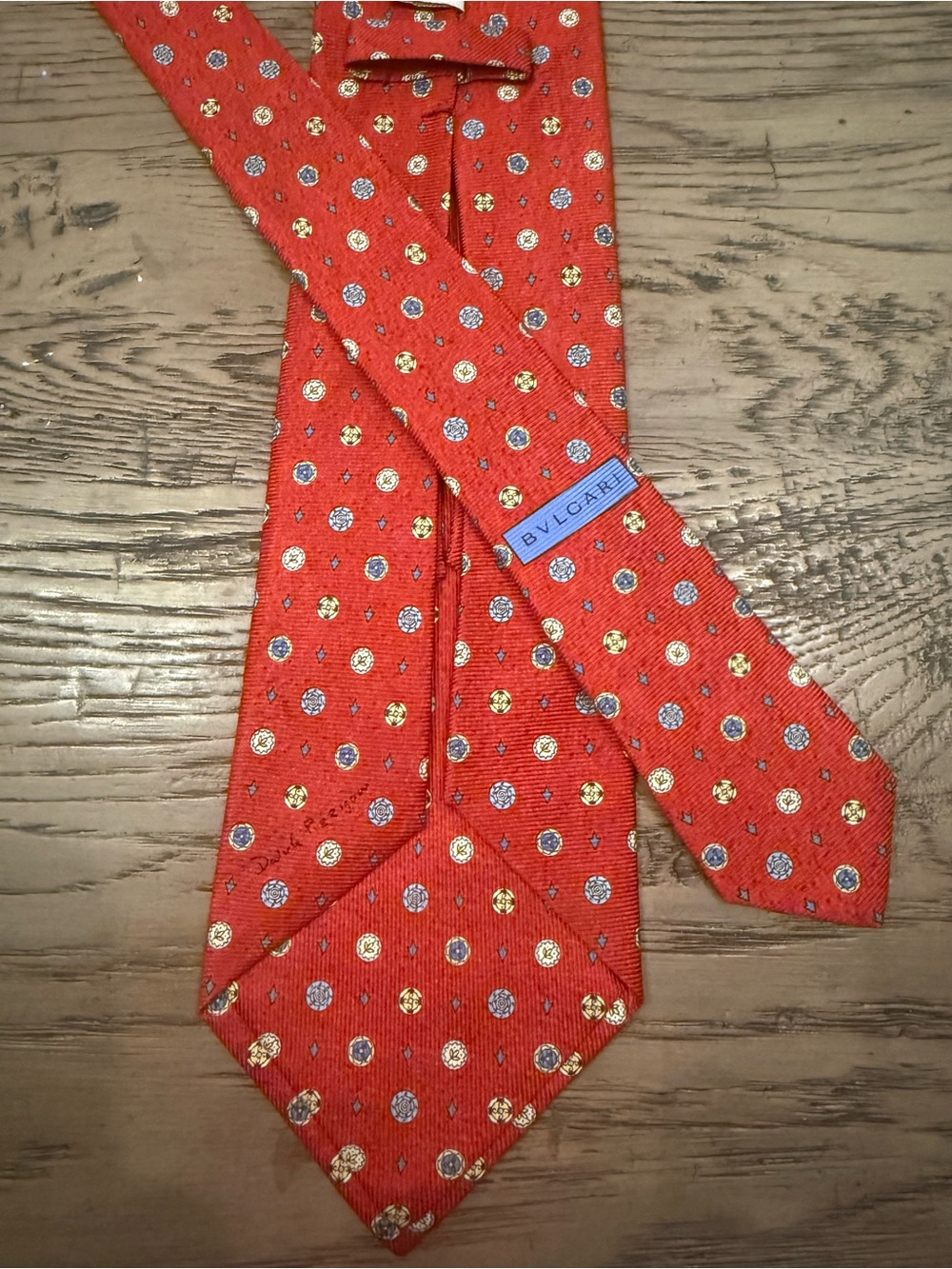 BVLGARI Seven Fold Red Silk Tie with Blue and Gold Dot Pattern